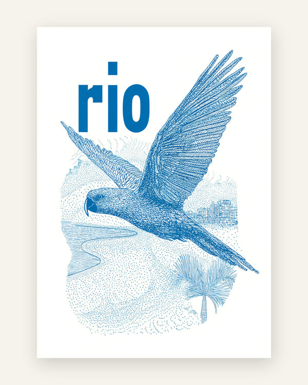 Plakat med rio papegøje i blå toner