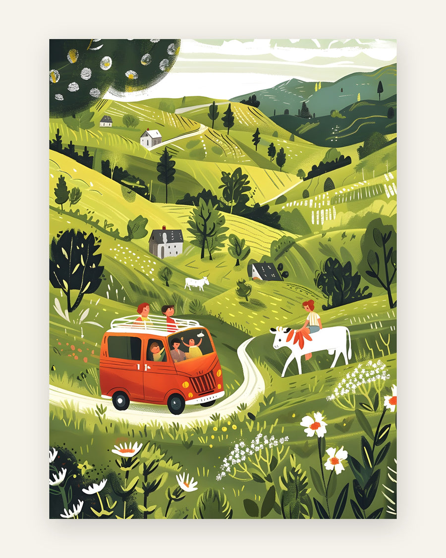 Børneplakat med en rød bus fuld af glade børn på en snoet vej mellem grønne bakker, blomster og en hvid ko, i naiv tegneseriestil, til børneværelset