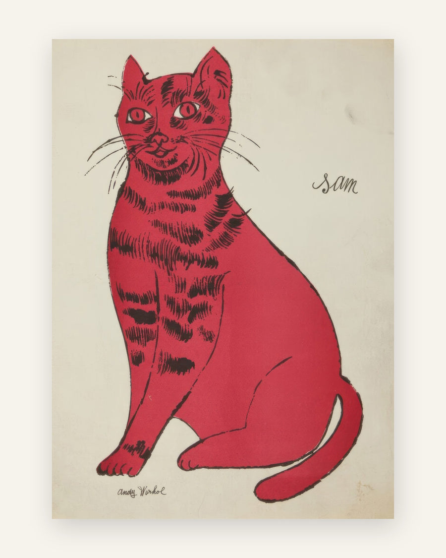 Retro pop art-tryk af en rød kat med sorte striber ved navn Sam på en cremefarvet baggrund