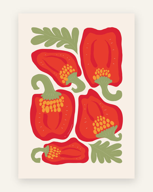 Illustreret plakat med røde peberfrugter med grønne stilke og orange kerner på en cremefarvet baggrund