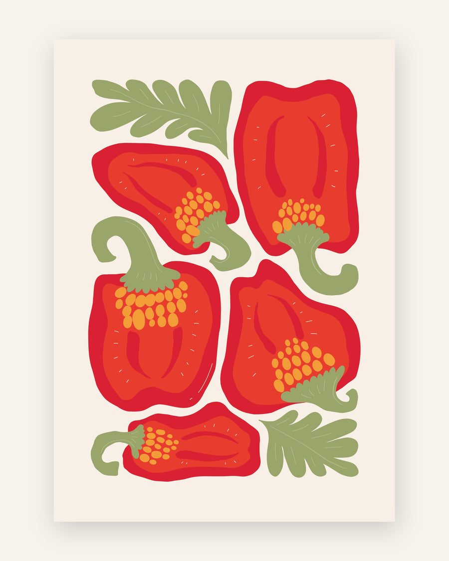 Illustreret plakat med røde peberfrugter med grønne stilke og orange kerner på en cremefarvet baggrund