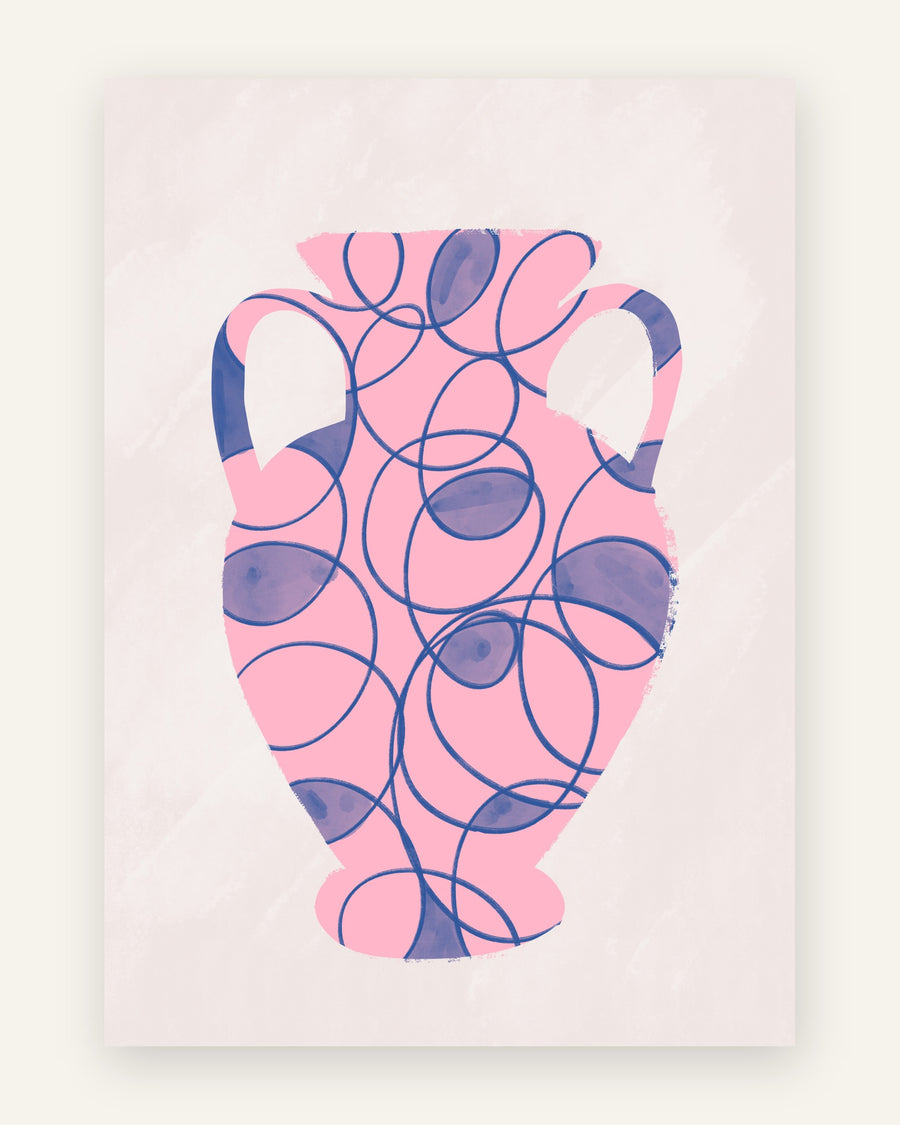Plakat med pink amfora-vase dekoreret med blå og lilla krusseduller på blød blush baggrund