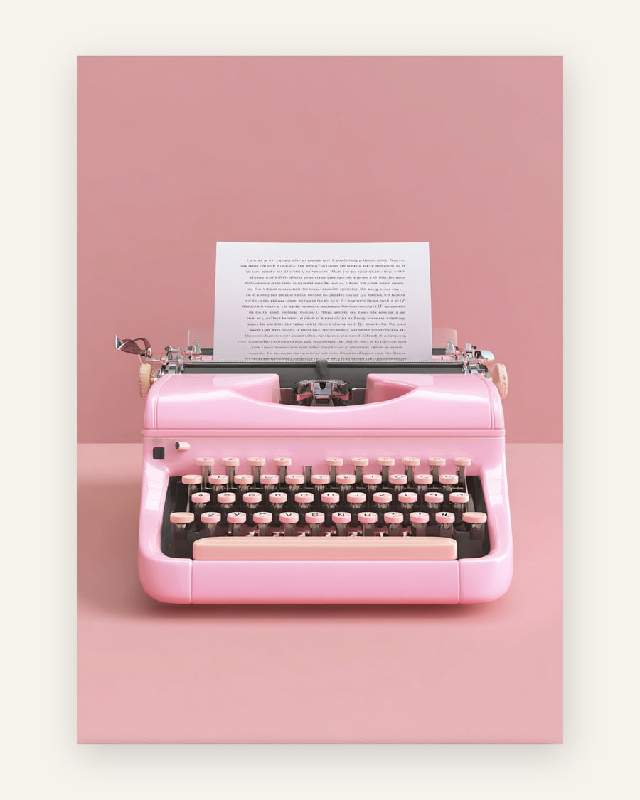 Plakat med bubblegum-pink vintage skrivemaskine med papir set forfra på todelt rosa baggrund