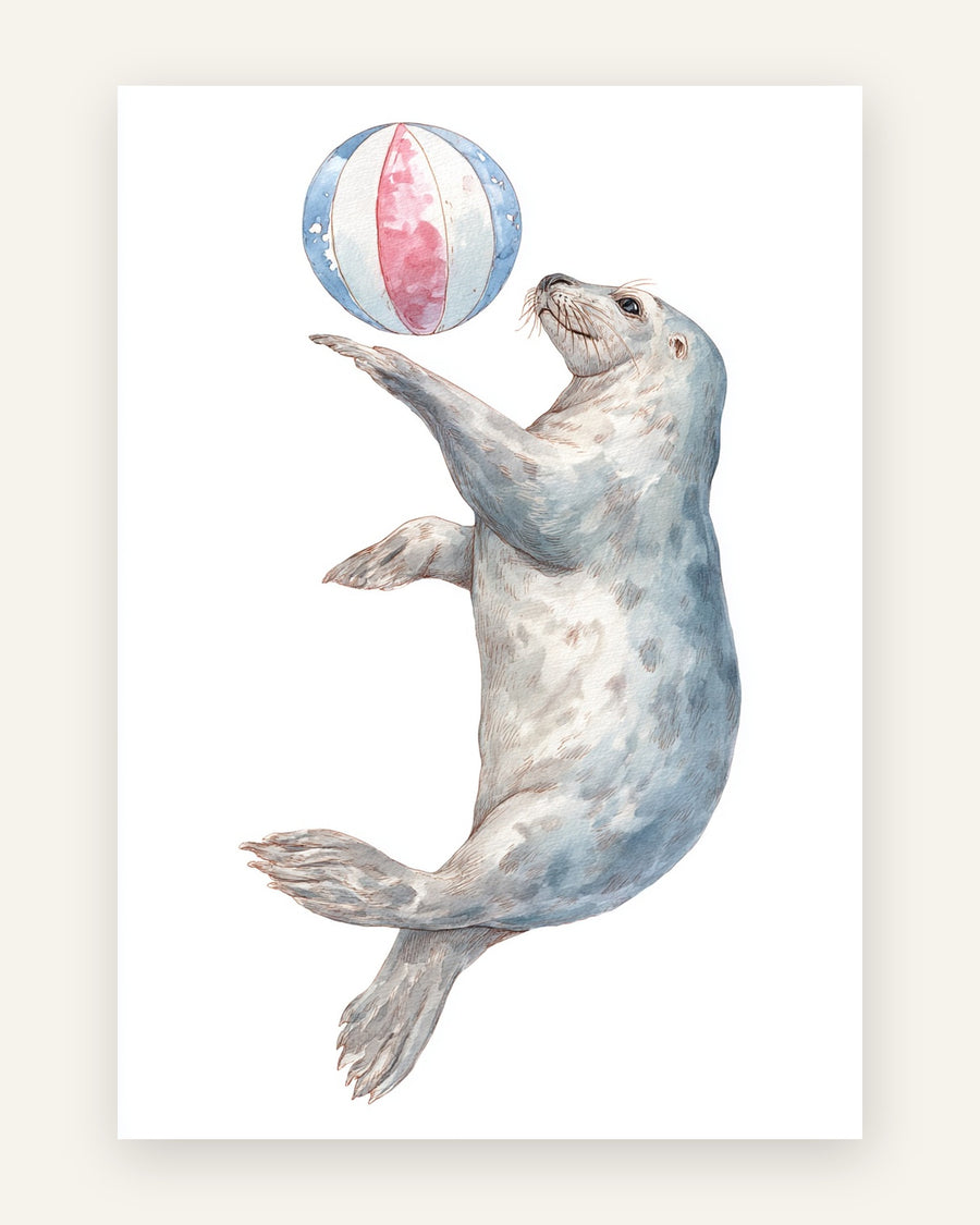 Børneplakat med sæl med strandbold i blå toner til børneværelset