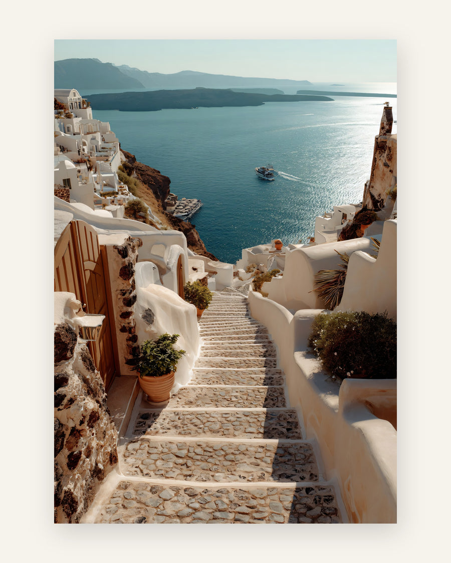 Plakat med santorini trappe mod havet i blå toner