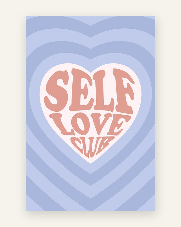 Børneplakat med self love club hjerte i blå toner til børneværelset