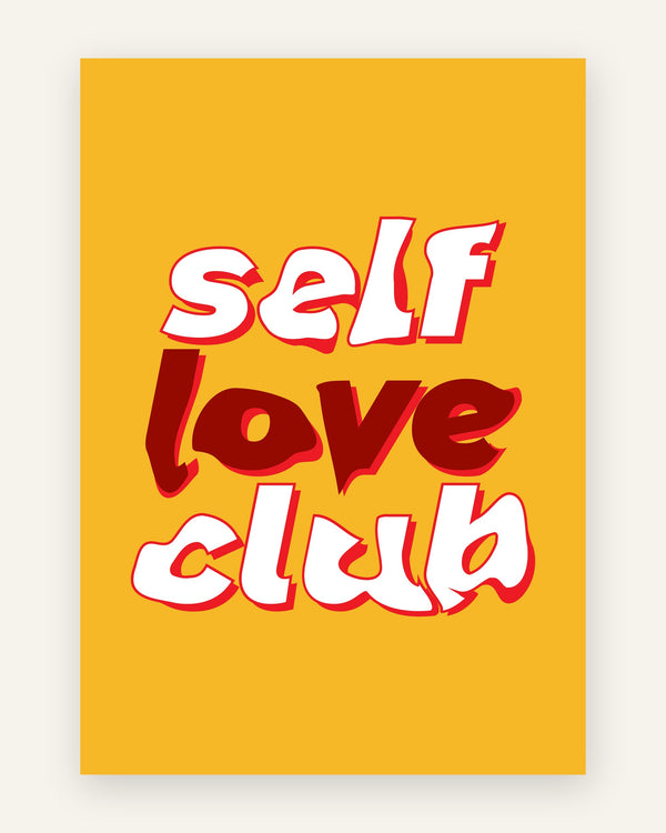 Børneplakat med self love club i gule toner til børneværelset