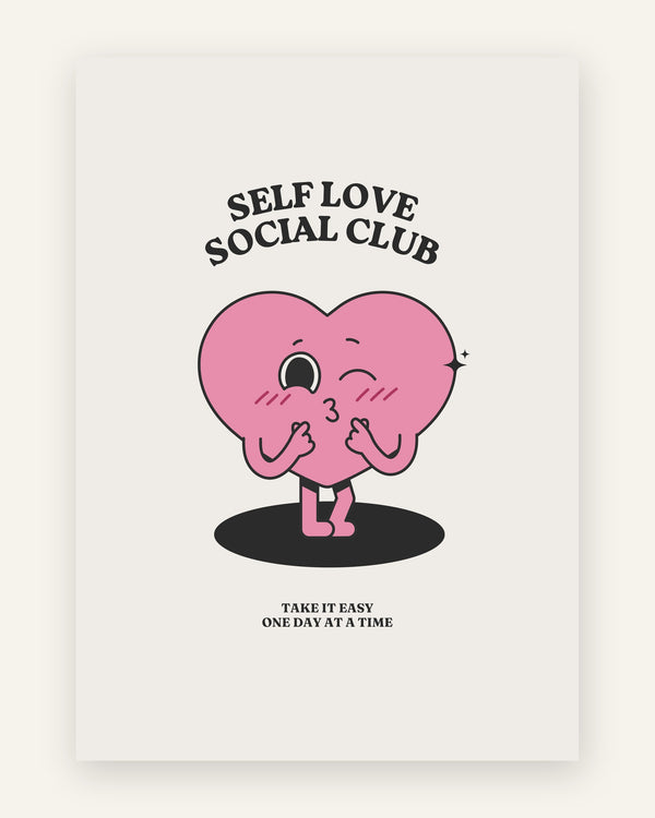 Børneplakat med self love social club i lyserøde toner til pigeværelset