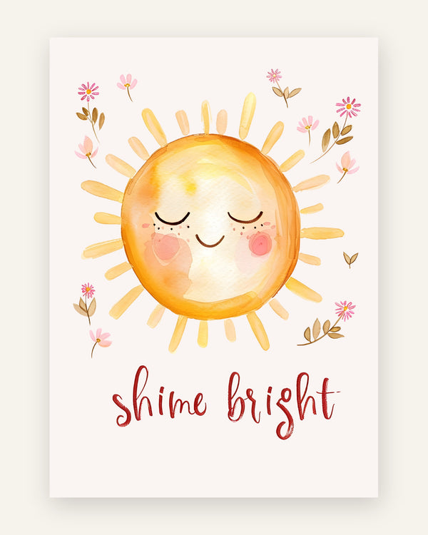 Børneplakat med shine bright sol i gule toner til børneværelset