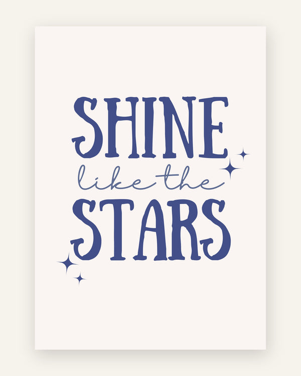 Børneplakat med shine like the stars i blå toner til børneværelset