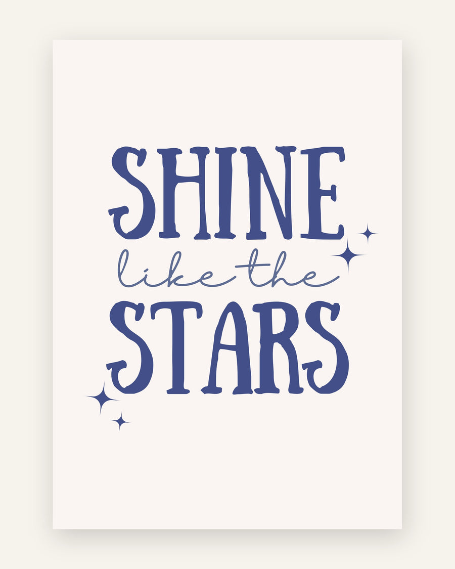 Børneplakat med shine like the stars i blå toner til børneværelset