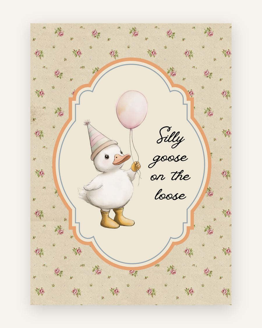 Børneplakat med silly goose on the loose i beige til børneværelset