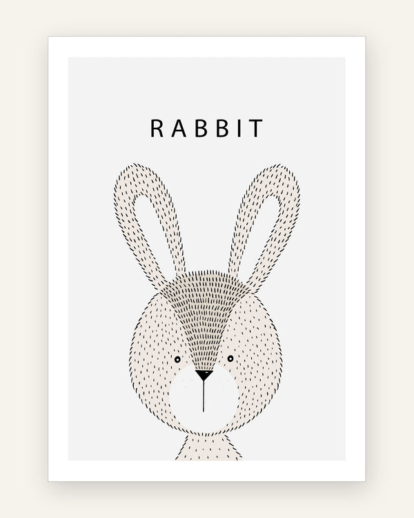 Børneplakat med skandinavisk kaninhoved tegnet i fine sorte streger med ordet RABBIT på en lys grå baggrund til børneværelset