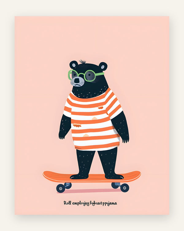 Børneplakat med sort bjørn med grønne runde briller og orange-hvid stribet trøje på orange skateboard på fersken baggrund til drengeværelset