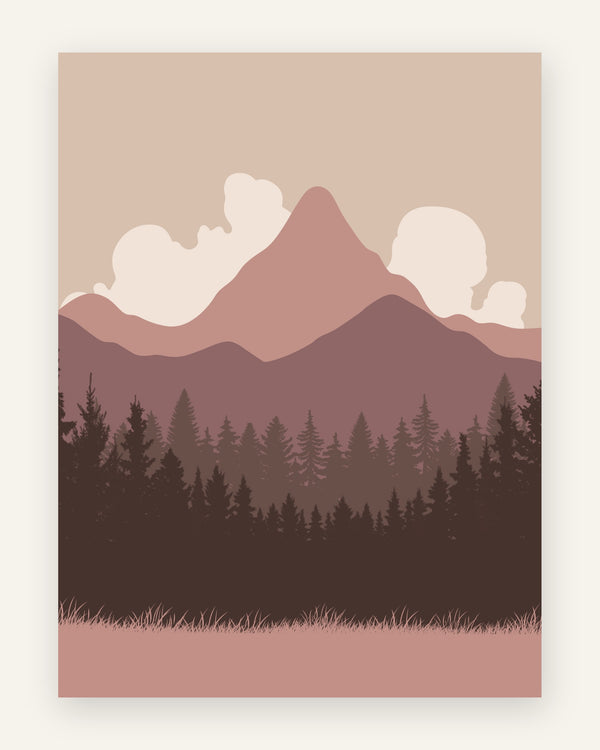 Minimalistisk plakat med bjerge og granskov i støvet rosa, mauve og gammelrosa