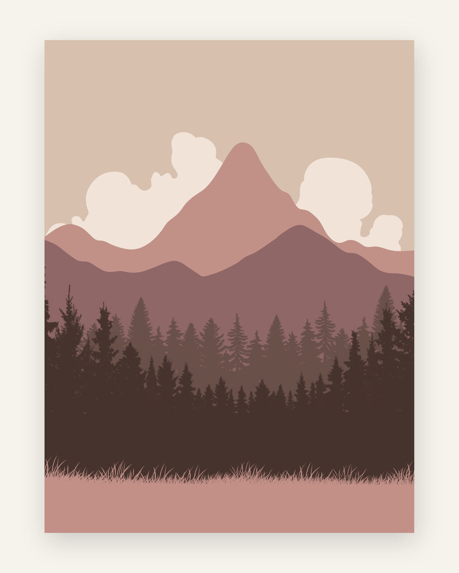 Minimalistisk plakat med bjerge og granskov i støvet rosa, mauve og gammelrosa