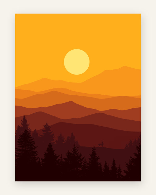 Grafisk minimalistisk landskab med solnedgang over lag af orange og røde bjerge, silhuet-nåleskov og et lille hjortesilhuet