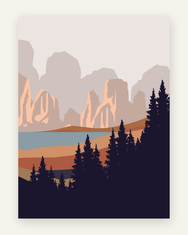 Minimalistisk plakat med takkede bjerge, blå sø og mørke grantræer i terracotta og jordfarver