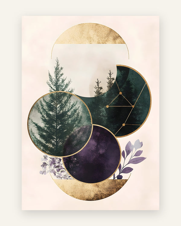 Abstrakt plakat med cirkler af granskov, guldkanter og lilla blomster på cremefarvet bund