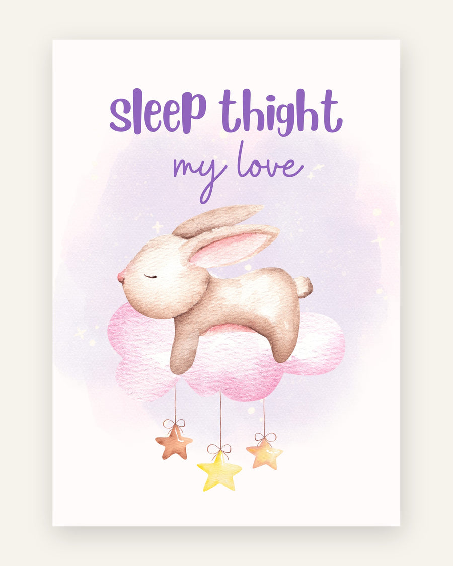 Børneplakat med sleep tight my love i lilla toner til pigeværelset