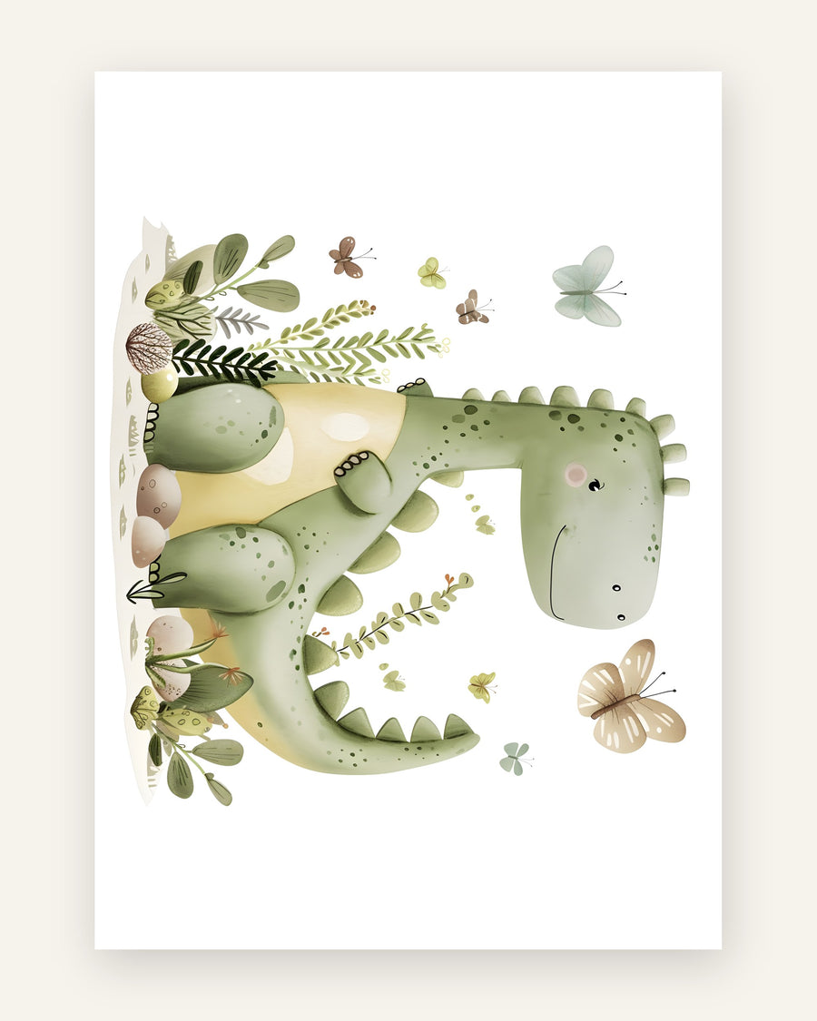 Børneplakat med sød grøn dinosaur i grønne toner til børneværelset
