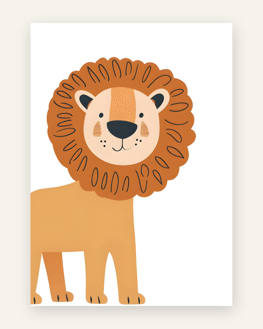 Børneplakat med sød løve i fladt design i orange toner til børneværelset