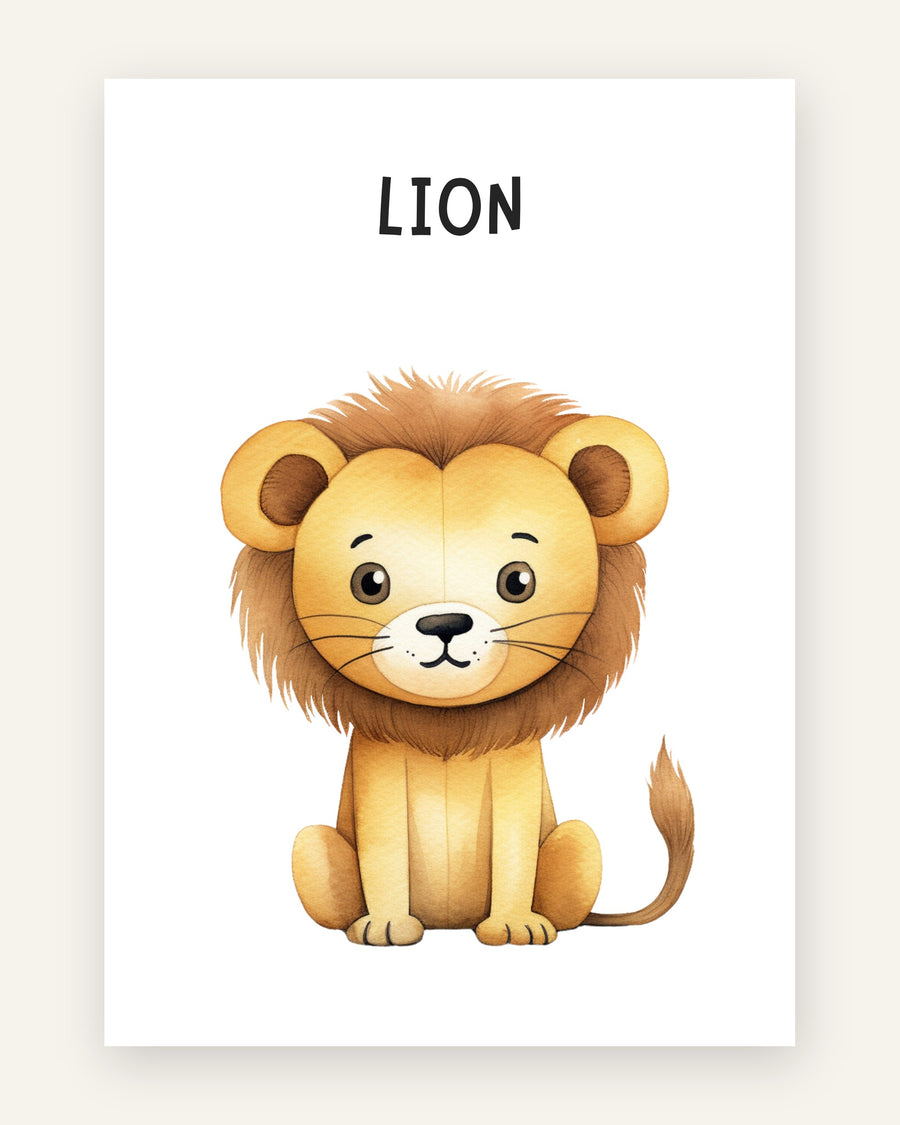 Børneplakat med sød løve lion i orange toner til børneværelset