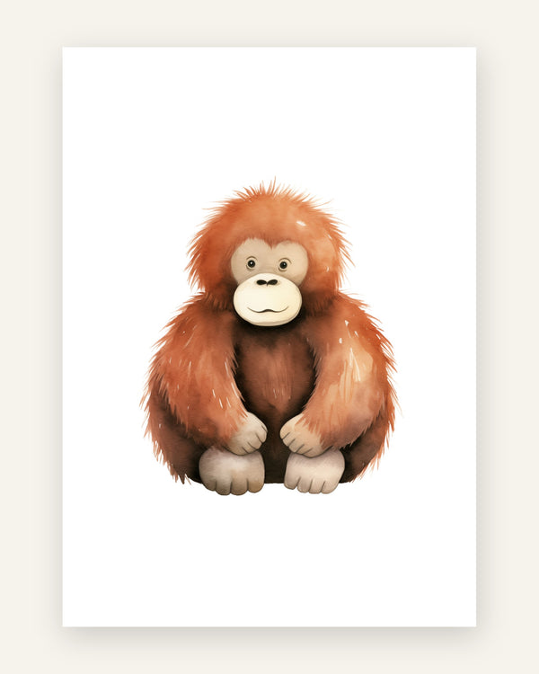 Børneplakat med sød orangutang i orange toner til børneværelset