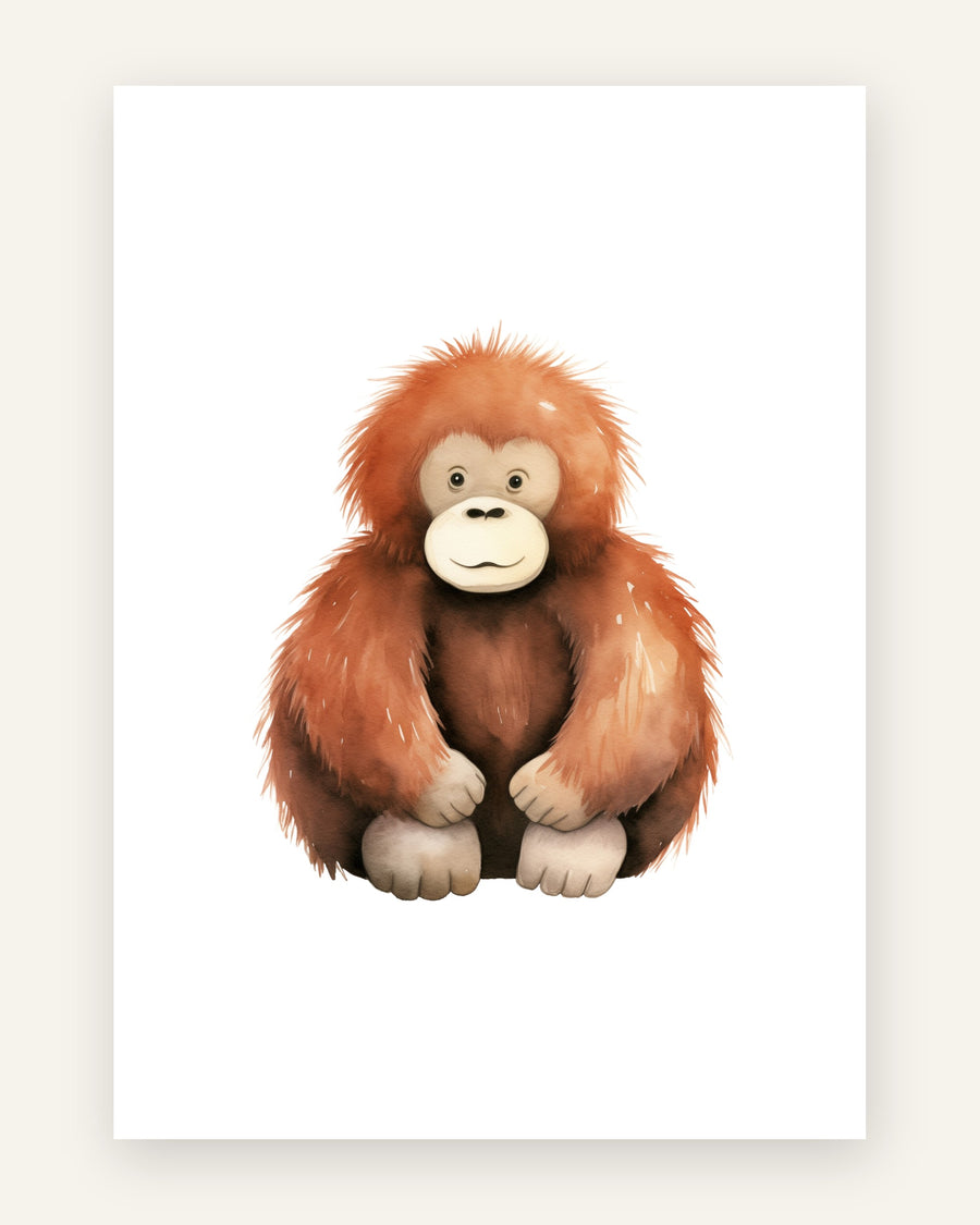 Børneplakat med sød orangutang i orange toner til børneværelset