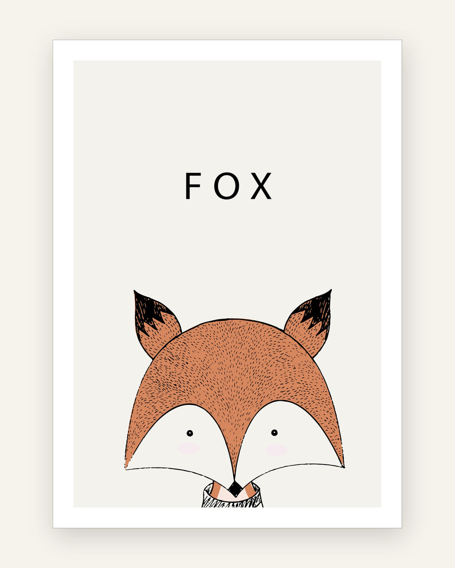 Børneplakat med minimalistisk orange rævehoved i stregtegning med sorte øretips og teksten FOX på greige baggrund til børneværelset