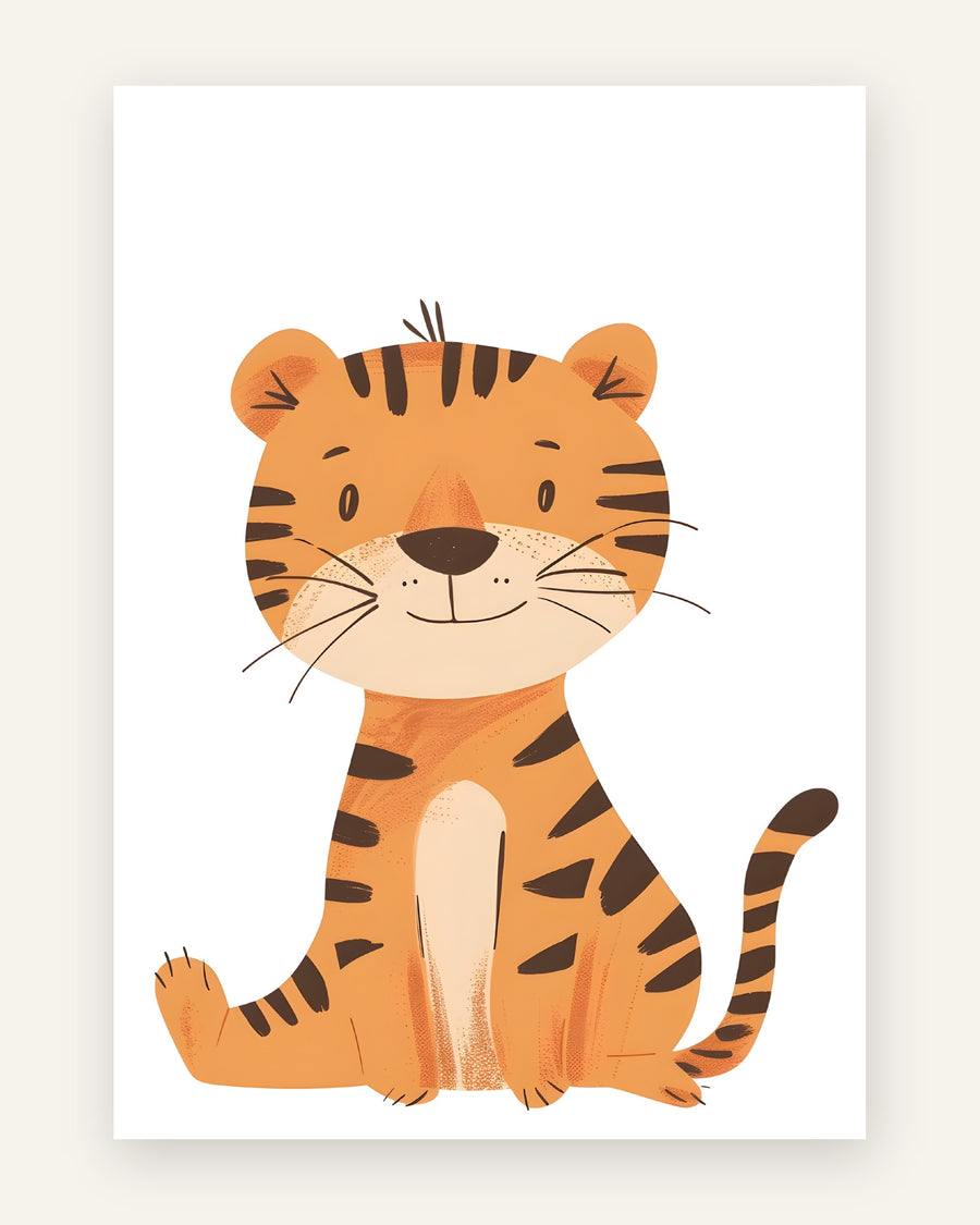 Børneplakat med sød tiger i orange toner til børneværelset