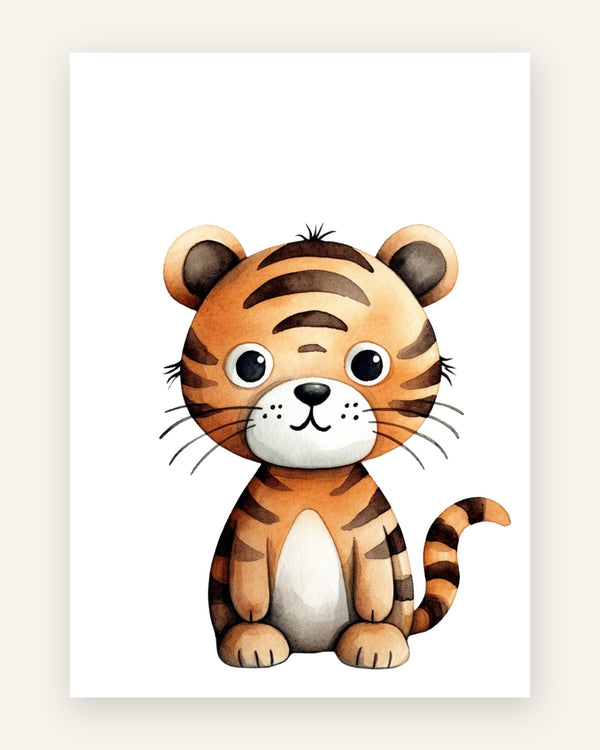 Børneplakat med sød tigerunge i orange toner til børneværelset