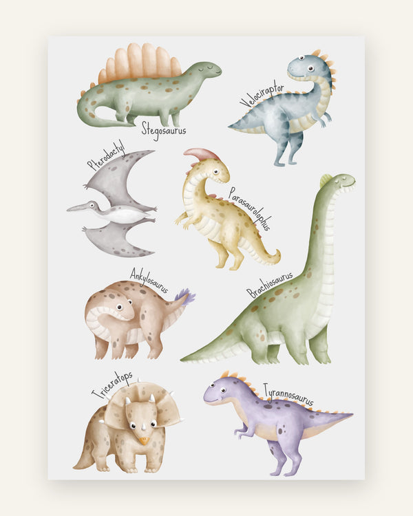 Børneplakat med otte søde dinosaurer i bløde akvarelpastelfarver som salvie, støvet blå og lavendel til børneværelset