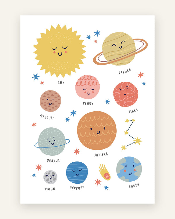 Børneplakat med søde, smilende planeter, sol og måne i pastelfarver med engelske navne til børneværelset