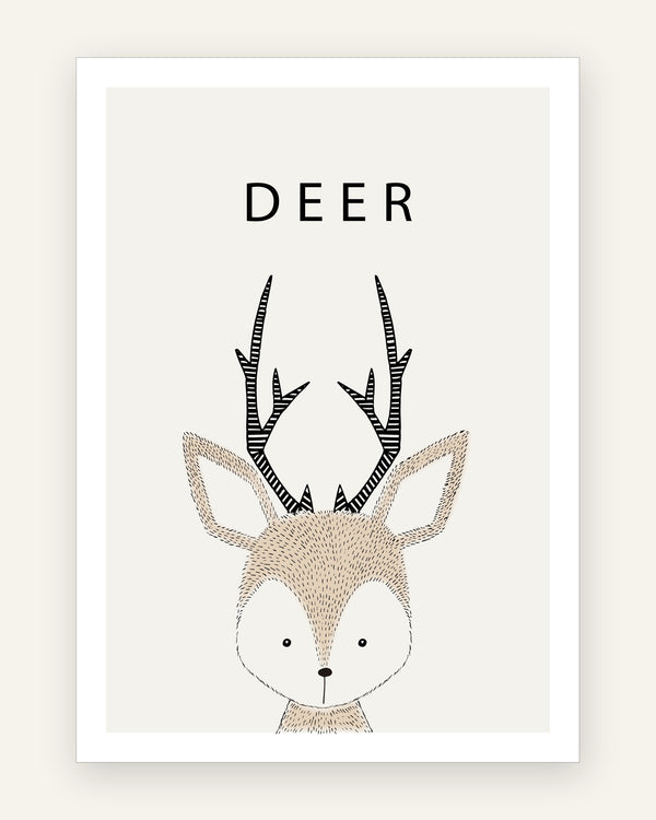 Børneplakat med minimalistisk beige rådyr i stregtegning med sort-stribet gevir og teksten DEER på greige baggrund til børneværelset