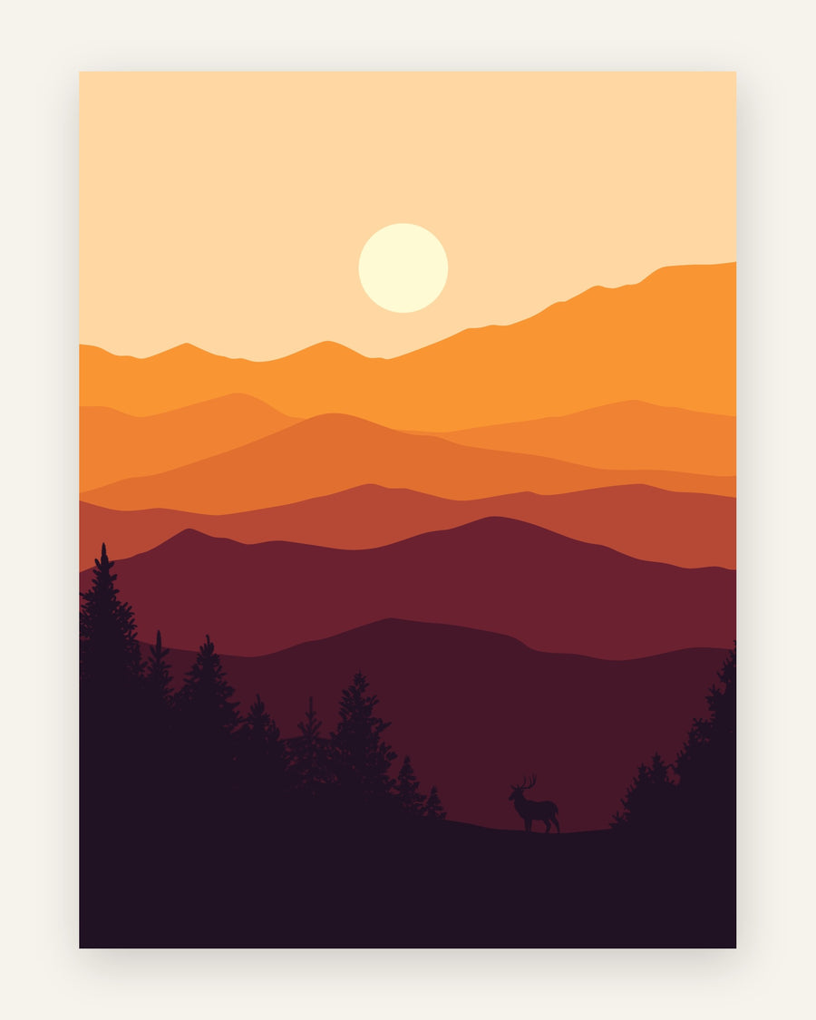 Grafisk minimalistisk landskab med bleg sol over orange, røde og bordeaux bjerglag, nåleskov og et lille hjortesilhuet