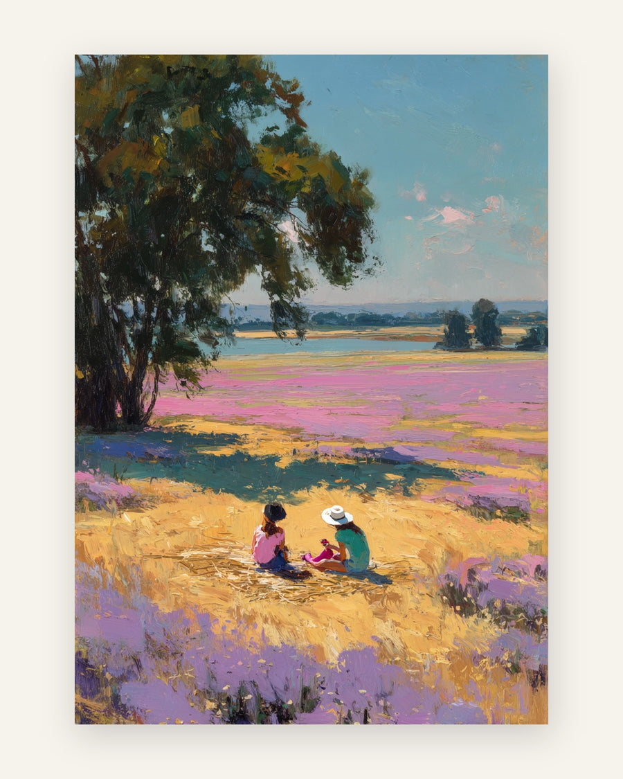 Impressionistisk plakat med to personer under et træ i en blomstrende lynghede i lilla og gul