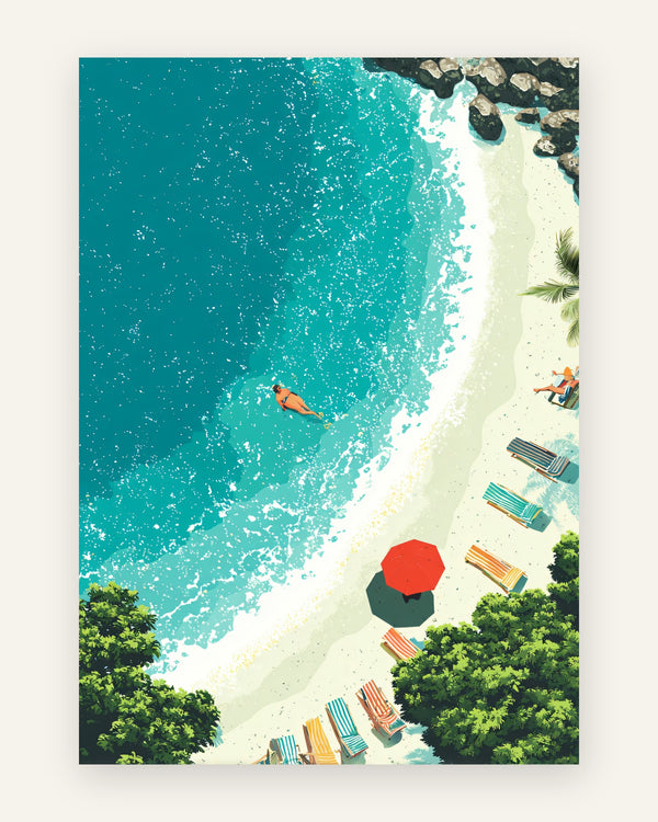 Plakat med sommeridyl ved stranden i blå toner