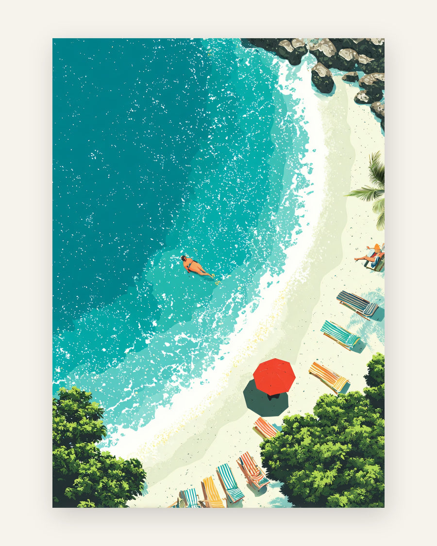 Plakat med sommeridyl ved stranden i blå toner