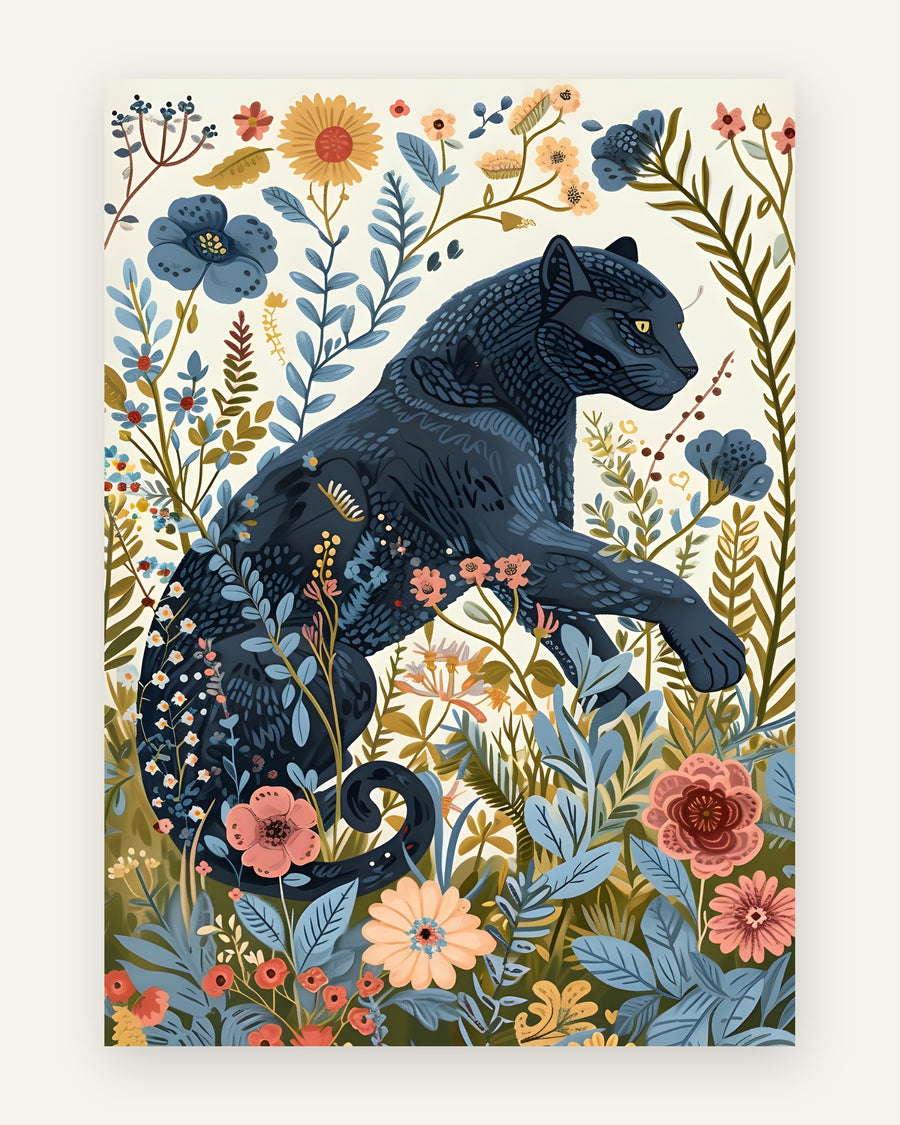 Børneplakat med sort panter i blomsterhave i friske farver til børneværelset