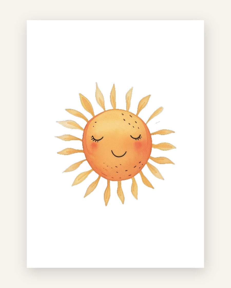 Børneplakat med sovende sol i orange toner til børneværelset