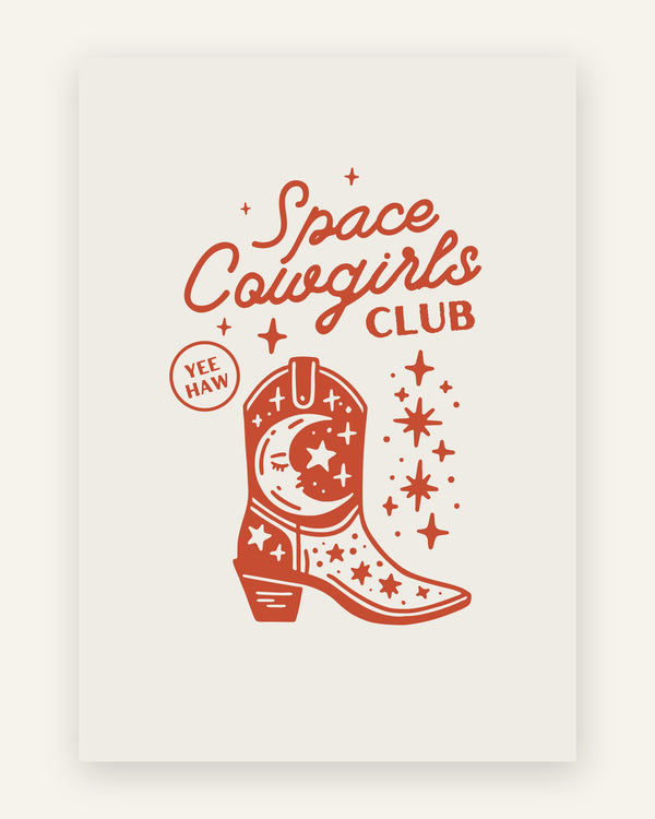 Børneplakat med space cowgirls club i røde toner til pigeværelset