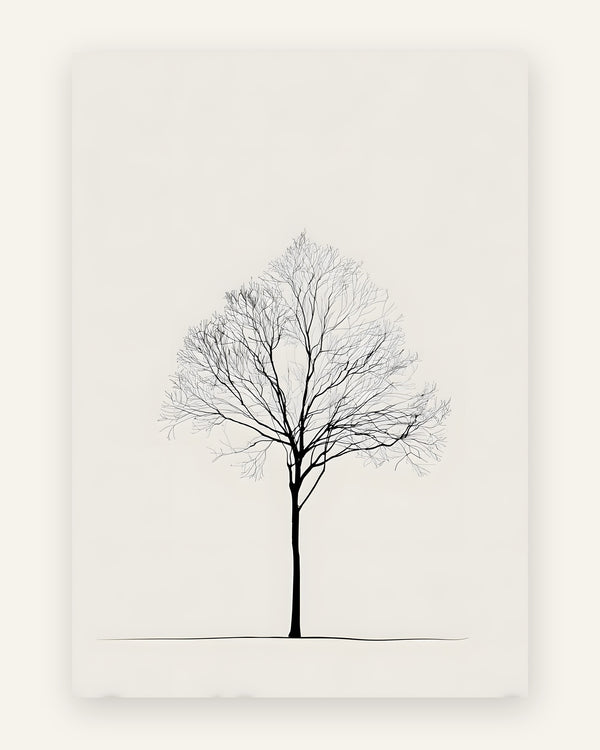 Minimalistisk plakat med et spinkelt bladløst træ i fine sorte grene på lys baggrund