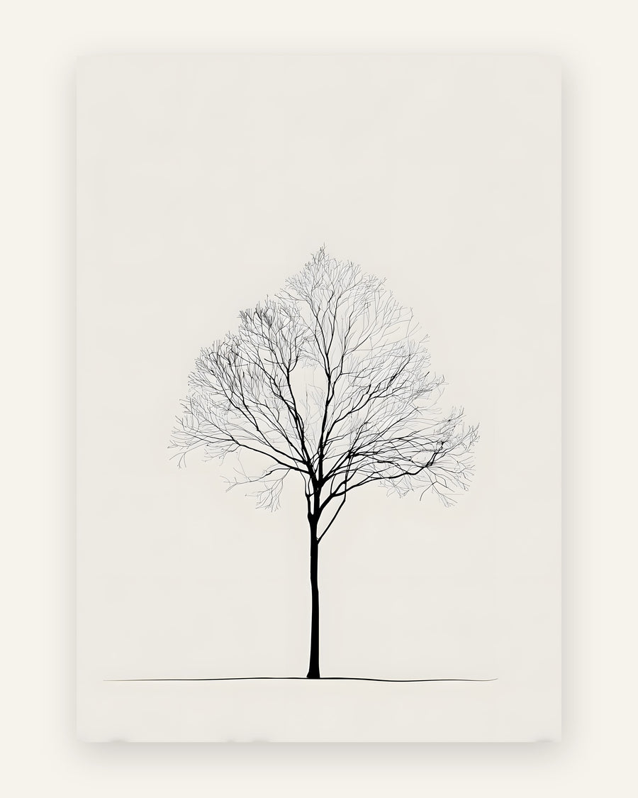 Minimalistisk plakat med et spinkelt bladløst træ i fine sorte grene på lys baggrund