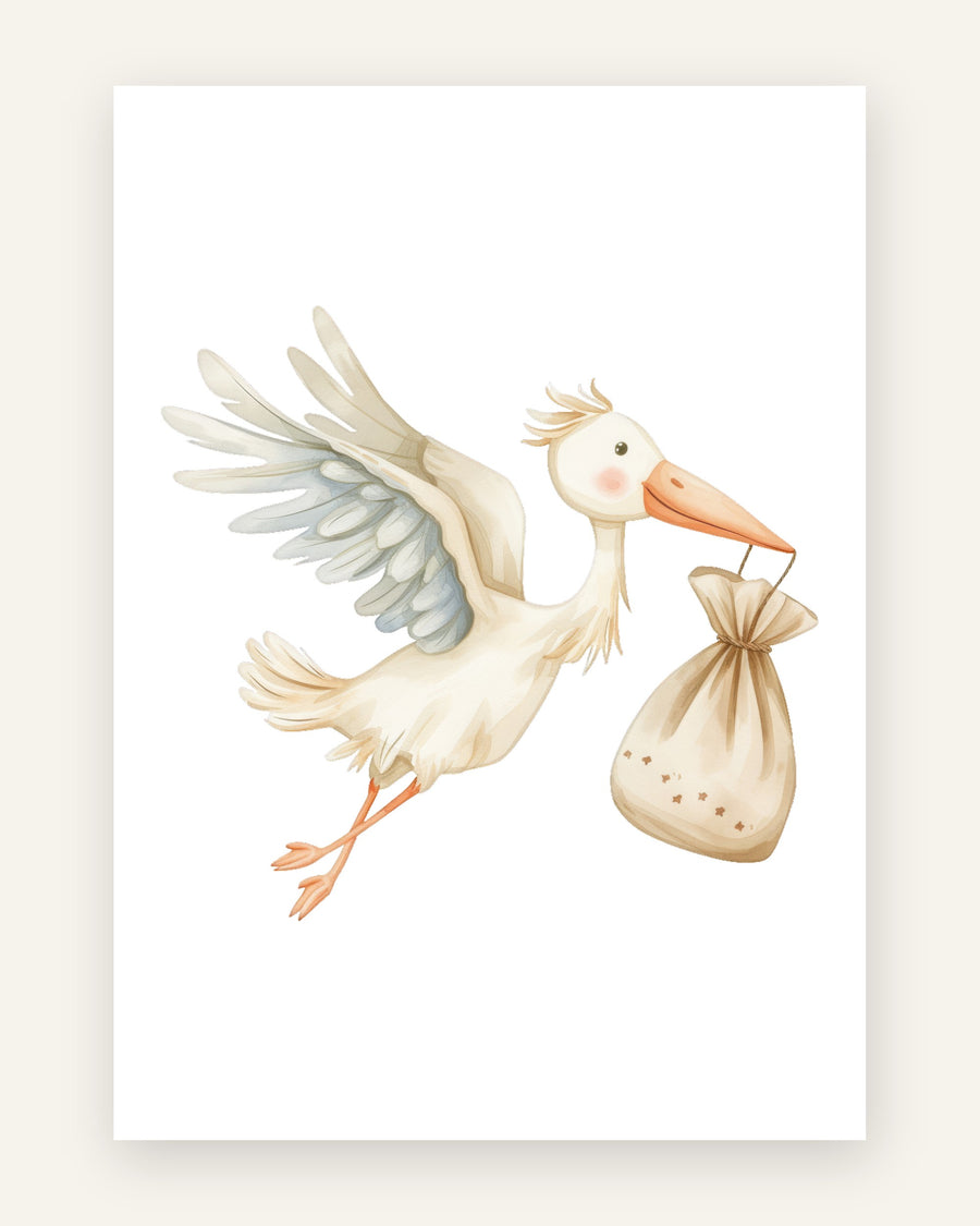 Børneplakat med storken kommer med bylt i beige til børneværelset