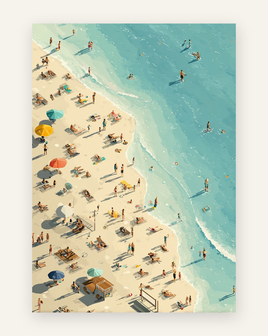 Plakat med strand set oppefra med turkis hav, lyst sand og farverige parasoller i tegneserie-stil