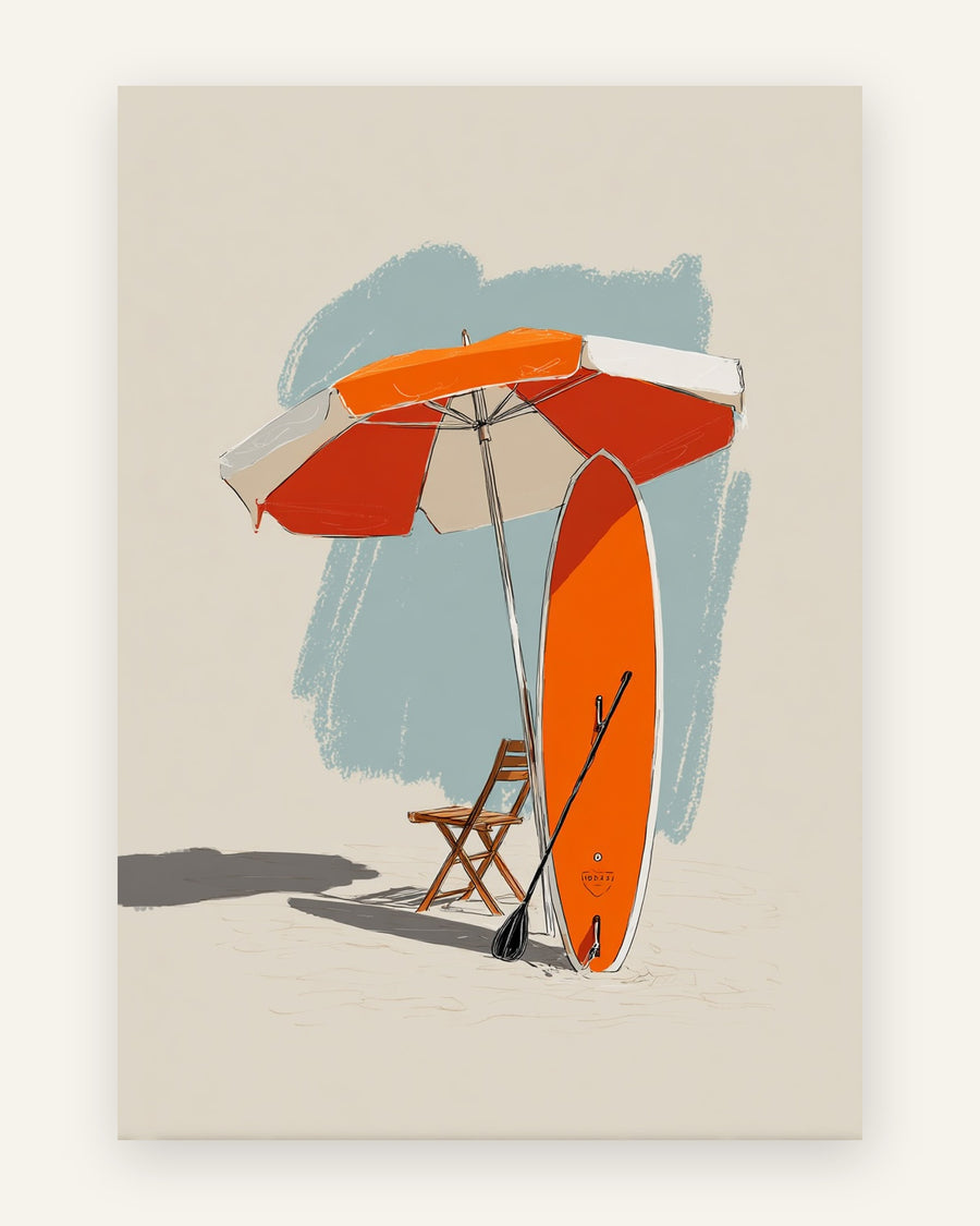 Børneplakat med strandparaply og sup i orange toner til børneværelset