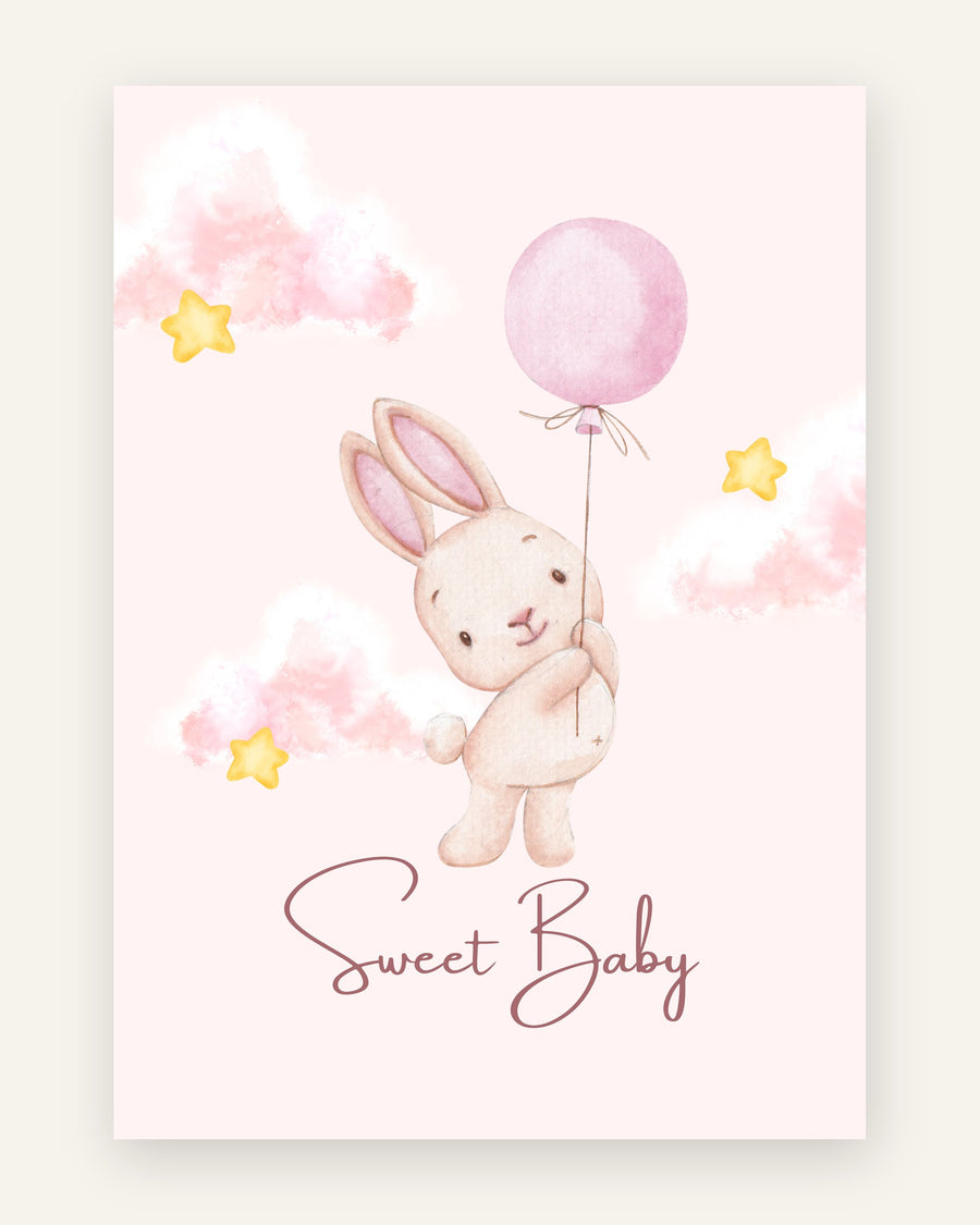 Børneplakat med sweet baby kanin i lyserøde toner til pigeværelset
