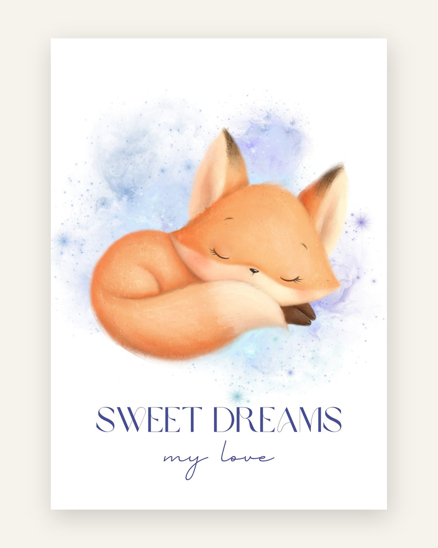 Børneplakat med sovende sammenrullet orange ræveunge på blå-lilla stjernehimmel med teksten Sweet Dreams my love til børneværelset