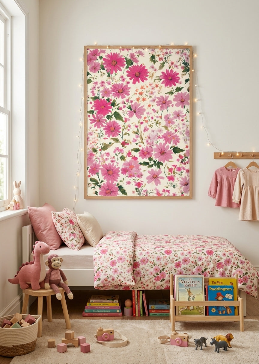 Plakat med mange lyserøde blomster til pigeværelset
